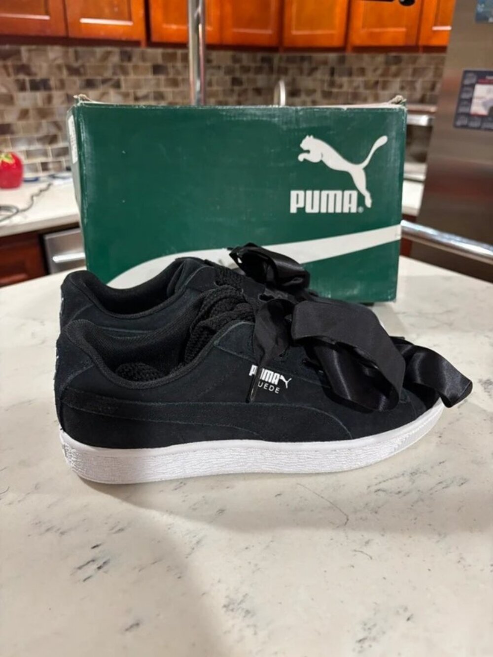 5.5C PUMA Suede Heart Jr Black White Satin Bow Ribbon Sneakers 365009-03 New